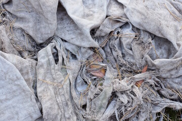 texture from a piece of old gray dirty torn fabric with a hole