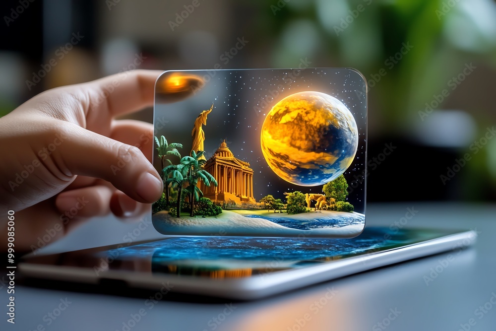 Poster 3d digital ar educational app, where students interact with 3d models of historical landmarks, plane