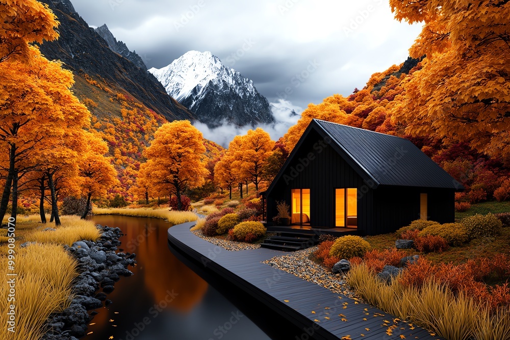 Poster 3d digital autumn cabin, where users can walk through the virtual space, surrounded by autumn trees 