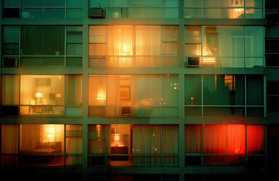 Fototapeta zoom-in window watcher view of high-rise condo apartments in New York City, seeing neighbors in their rooms, people's lives in their apartments doing their daily activities. window watching, Voyerism