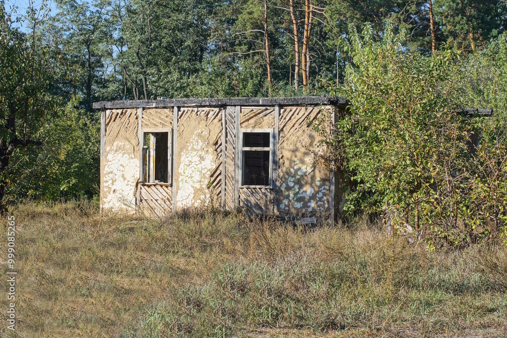 Sticker ruins of an old gray brown abandoned house with empty windows in green vegetation on the street