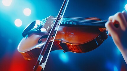 A close-up of a violinist playing a violin on stage with bright lights in the background. Generative Ai