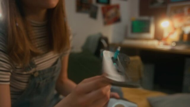 Side cropped shot of bored anonymous girl spinning audio cassette on pencil and looking at retro walkman while sitting in bedroom after school alone, nostalgic 90s