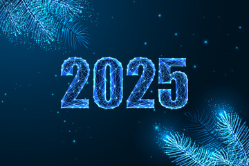2025 New Year festive banner with glowing 2025 digits and Christmas tree branches. Blue background. 