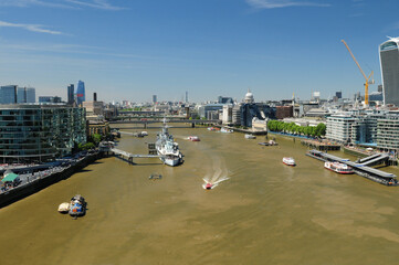 View From Tower Bridge To The Thames River In London England Great Britain On A Beautiful Summer...