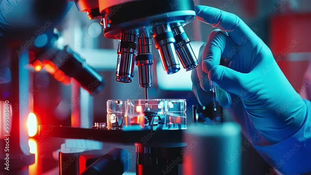 Poster scientist is using a microscope, carefully placing a sample on a slide with a pipette, immersed in t