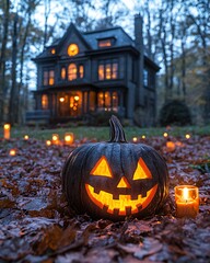 Obraz premium Halloween pumpkin near haunted house at evening
