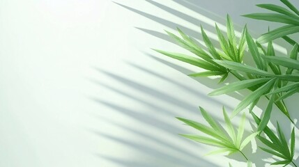 Naklejka premium A cluster of green leaves with long shadows on a white background. Generative ai