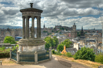 Dugald Stewart Monument On Carlton Hill In Edinburgh Scotland Great Britain On A Beautiful Summer Day With A Few Clouds In The Sky