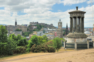 View From The Dugald Stewart Monument On Carlton Hill To The Edinburgh Castle Scotland Great Britain On A Beautiful Summer Day With A Few Clouds In The Sky