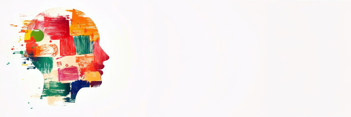 International Mother Language day. Horizontal banner. Free space for text. Copy space. A human head made of flags of different countries against a light background. Flat illustration