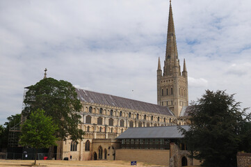 Norwich Cathedral England Great Britain On A Beautiful Summer Day With A Few Clouds In The Sky