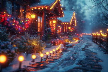 Festive Christmas lights on a snowy porch.