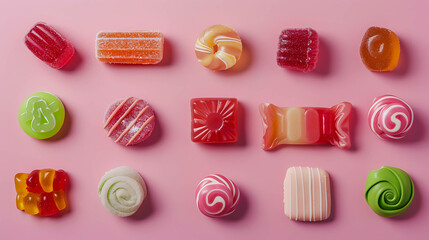 Obraz premium An assortment of colorful candies on a pink background.