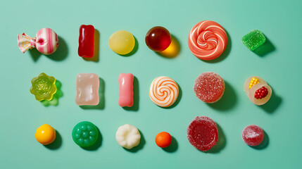 A colorful assortment of candies on a teal background.