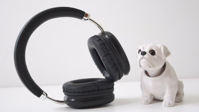 Cute dog toy with shaking head, accompanying the rhythm of the music,  black headphones, interesting and listening to music. Contemporary style.  Humor.