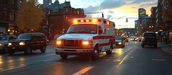 Red and white ambulance responding to an emergency amidst urban traffic at dusk