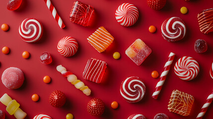 Flat lay of assorted candies on a red background.