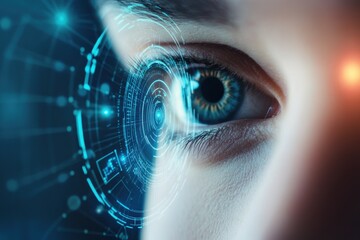 Close-up of eye with futuristic biometric scanner