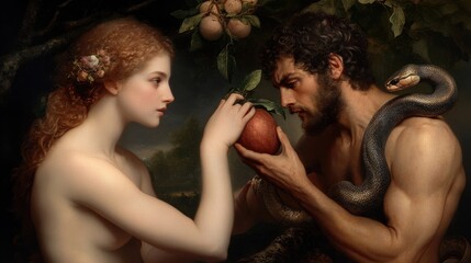 Fall of innocence: Adam and Eve in the garden of eden, confronted by the serpent and devil, who tempt them with the forbidden apple, leading to the original sin and humanity's loss of paradise.