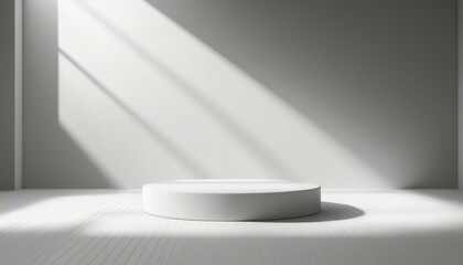 3D studio room with a podium on a white background. Empty floor and wall with shadow overlay from window onto tabletop. Stand with sunlight for product presentation. Interior mockup with countertop
