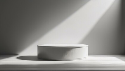 Fototapeta premium 3D studio room with a podium on a white background. Empty floor and wall with shadow overlay from window onto tabletop. Stand with sunlight for product presentation. Interior mockup with countertop