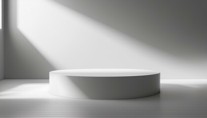 3D studio room with a podium on a white background. Empty floor and wall with shadow overlay from window onto tabletop. Stand with sunlight for product presentation. Interior mockup with countertop