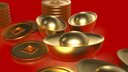 Chinese gold and coins on red Background 3d rendering.