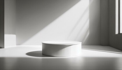 Fototapeta premium 3D studio room with a podium on a white background. Empty floor and wall with shadow overlay from window onto tabletop. Stand with sunlight for product presentation. Interior mockup with countertop