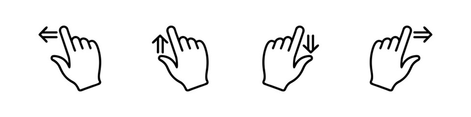 Swipe to left right up icon set. Finger touch screen gestures. Hand finger left, right, up.