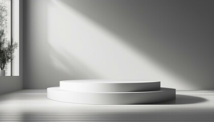 Obraz premium 3D studio room with a podium on a white background. Empty floor and wall with shadow overlay from window onto tabletop. Stand with sunlight for product presentation. Interior mockup with countertop