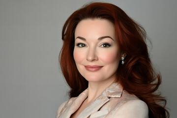 Fototapeta premium Professional Headshot of a Slavic Woman in a Neutral Background for Business and Corporate Use - High-Resolution Image Showcasing Her Elegant Style, Confident Expression, and Natural Beauty