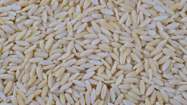 A top-view macro video of Orzo (Risoni) Pasta as the camera glides gently from left to right. Heaps of uncooked barley vermicelli, barley noodle.Texture of the grains, cooking, food preparation.