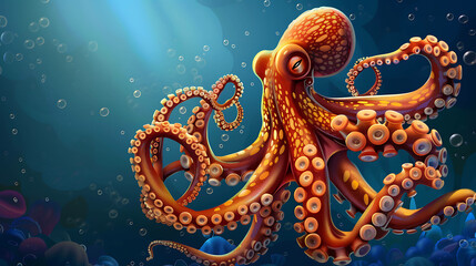 Obraz premium An orange octopus with black spots swims in the blue ocean water.