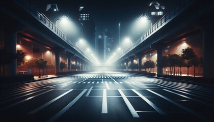 empty parking lot at night with bright, harsh streetlights illuminating the pavement