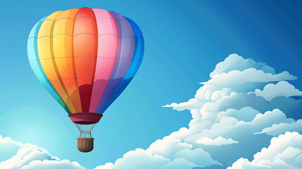 Naklejka premium Colorful hot air balloon floating through a bright blue sky with fluffy white clouds.