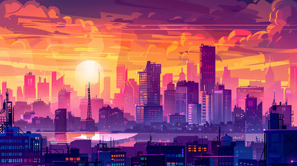 A vibrant, colorful illustration of a city skyline at sunset.