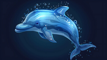 A blue dolphin leaps out of the water, creating a splash of bubbles.