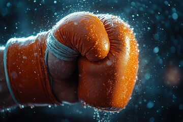 A dynamic close-up shot of a red boxing glove mid-punch, with water droplets dramatically suspended in the air. 