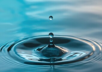 Close-up of water drop creating ripples in a serene blue setting.