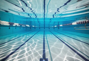 Underwater view of an empty swimming pool with lane dividers.