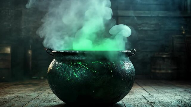 A cauldron filled with a bubbling green potion sits on a wooden floor, emitting wispy green smoke in an old, dimly lit room