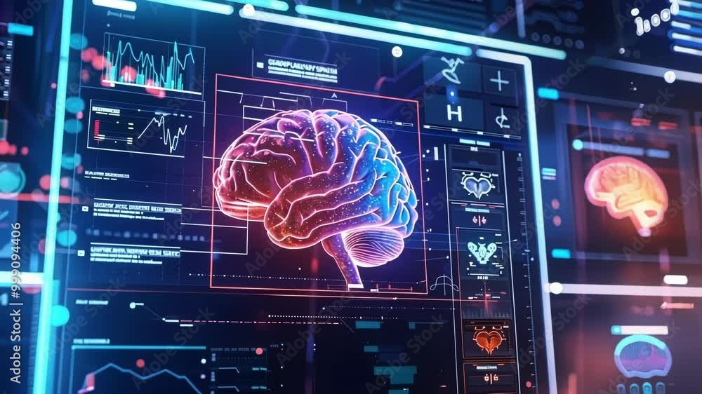 Poster futuristic brain scan on screen with medical data, hinting at advanced neurotech. evokes brain enhan