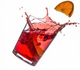 A refreshing red beverage splashes out of a glass with an orange slice garnish.