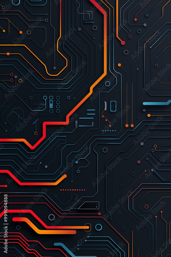 Poster colorful lines and patterns form an intricate design on a dark circuit board, showcasing modern tech