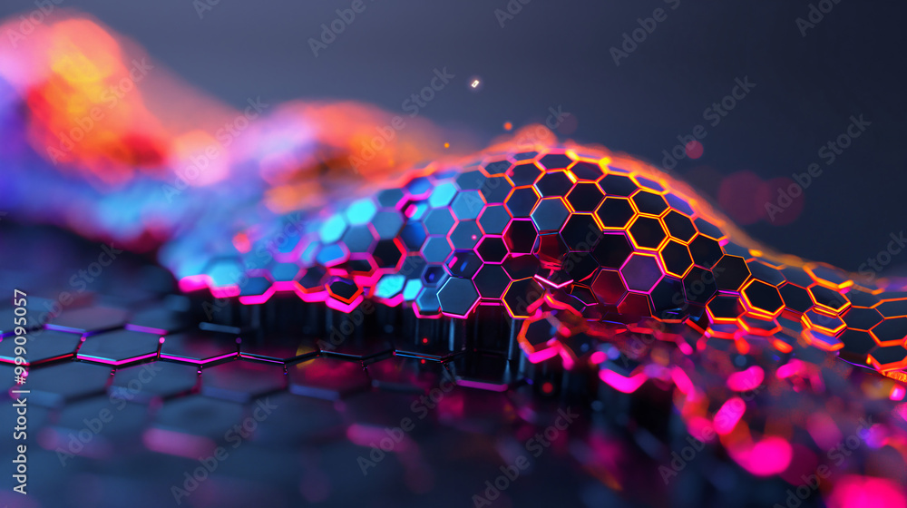 Poster this digital artwork features colorful hexagonal patterns illuminated by vibrant waveforms, creating