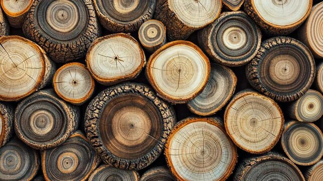 A close-up view of stacked wooden logs reveals the intricate rings and textures of the wood