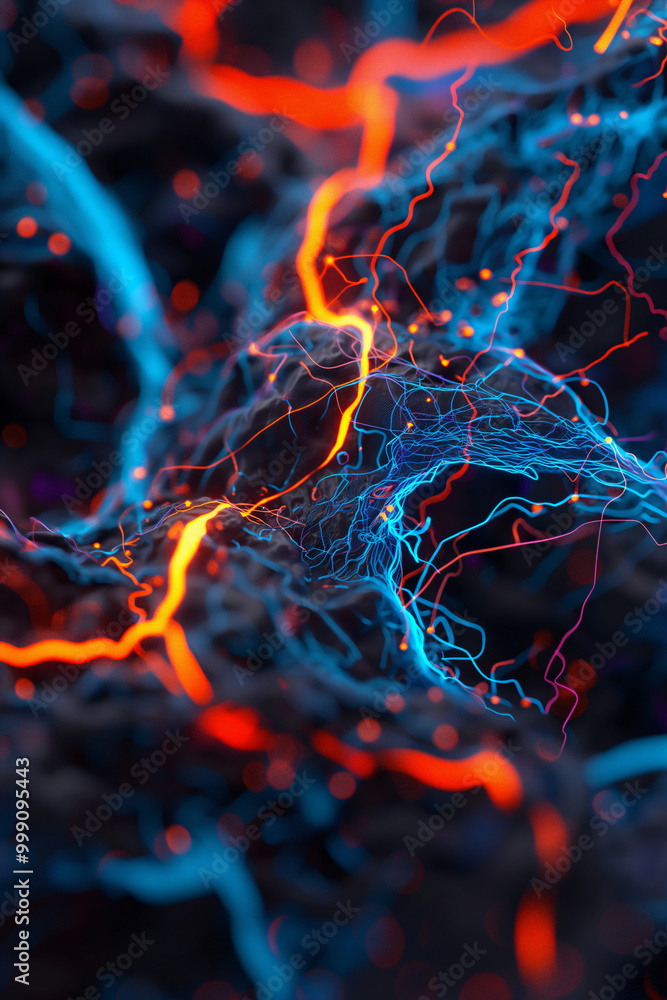 Poster vivid lines of blue and orange intertwine against a dark backdrop, creating a striking depiction of 