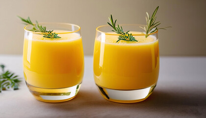 Fototapeta premium Two refreshing yellow cocktails, garnished with herbs, served in elegant glasses