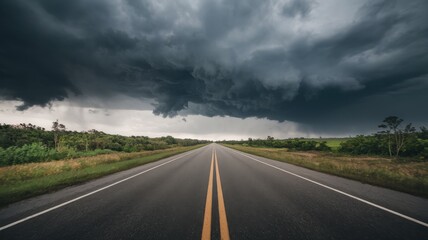 Naklejka premium A deserted highway stretches under a menacing, stormy sky, highlighting the power of nature.